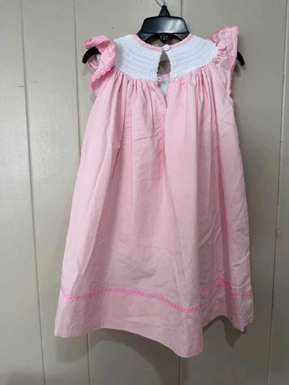 Pink Smocked Flutter Sleeve Dress with Pastel Bunny Embroidery - Picture 6 of 6